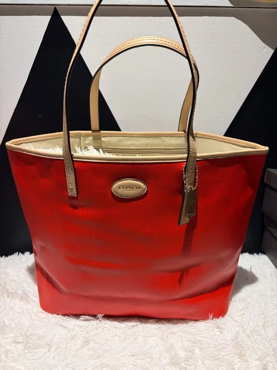 Coach Red Tote with Tan Trim and Handles - Picture 1 of 13